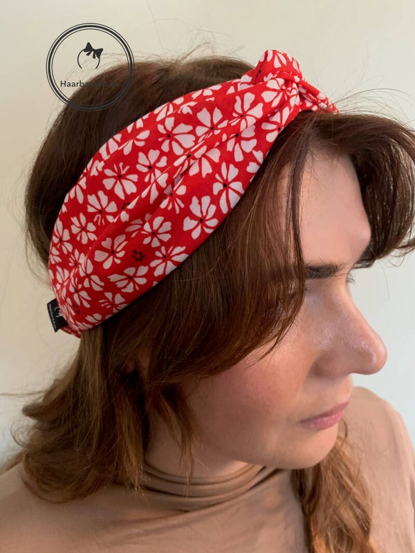 Haarband & zo, Elastische haarband met twist en elastische band, chiffon met bloemenprint, rood (art.nr. 216-07)
