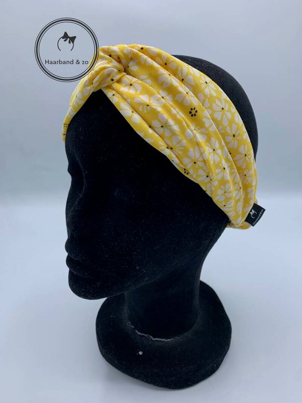 Haarband & zo, Elastische haarband met twist en elastische band, chiffon met bloemenprint, geel (art.nr. 216-09)