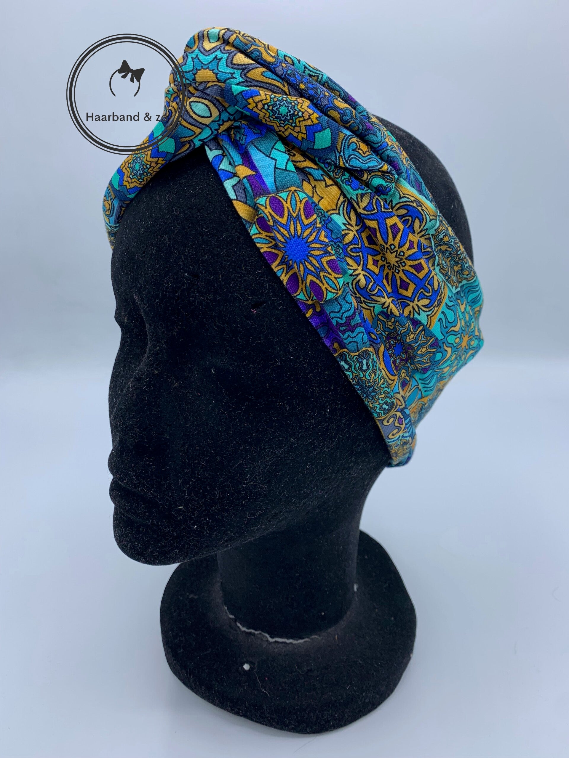 Haarband & zo, Haarband met ijzerdraad van katoen tricot in blauw met gele print (art.nr. 224-04)