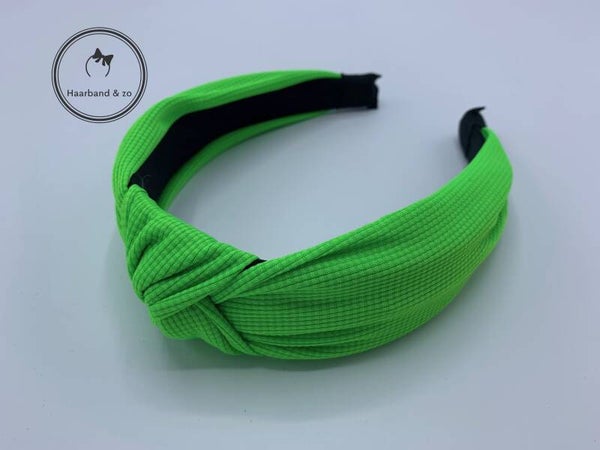 Brede haarband met knoop van satijn in wafelpatroon, neon-groen (art.nr. 225-06)