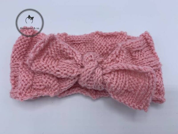 Gebreid babyhaarbandje in blokmotief, met strik, roze (226-03)