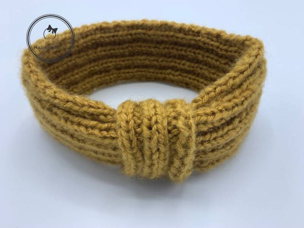 Gebreide haarband in boordpatroon, mosterdgeel (227-02)