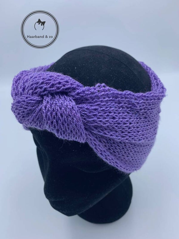 Extra brede elastische haarband van fijn breisel met knoop in paarse kleur (art.nr. 228-01)
