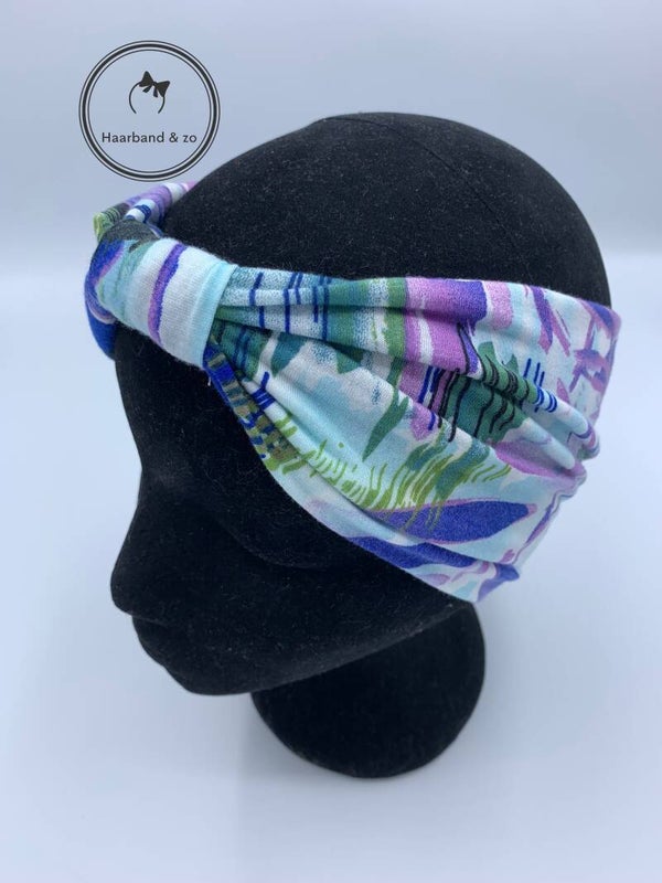 Extra brede elastische haarband in bloemenprint in lila/blauw (art.nr. 242-01)
