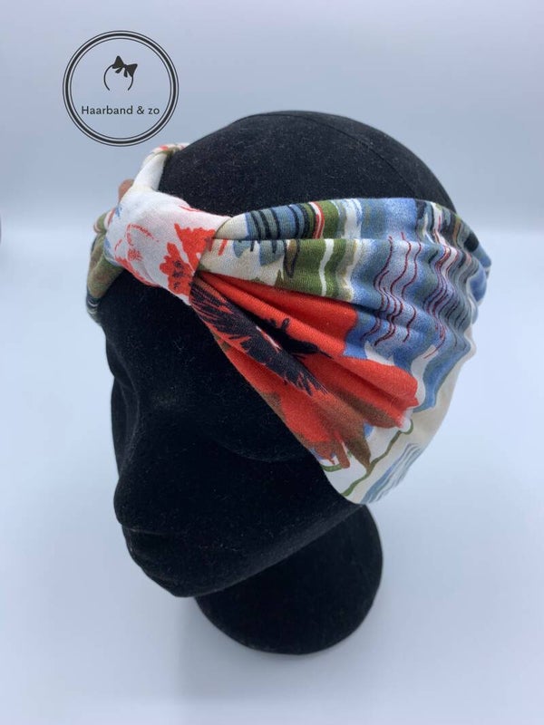 Extra brede elastische haarband in bloemenprint in rood/beige/groen (art.nr. 242-02)
