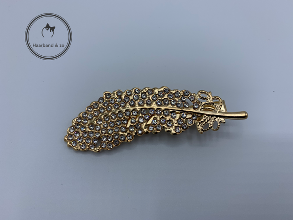 Haarspeld met clip, bladvormig met strass-steentjes, goudkleurig (art.nr. 243-03)