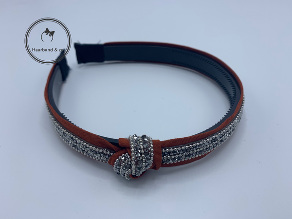 Smalle haarband met knoop en glitterstrook, roestbruin (art.nr. 250-01)