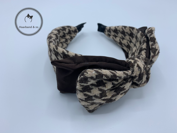 Booghaarband van zacht tweed met grote strik in ruitmotief bruin/beige (art.nr. 269-02)