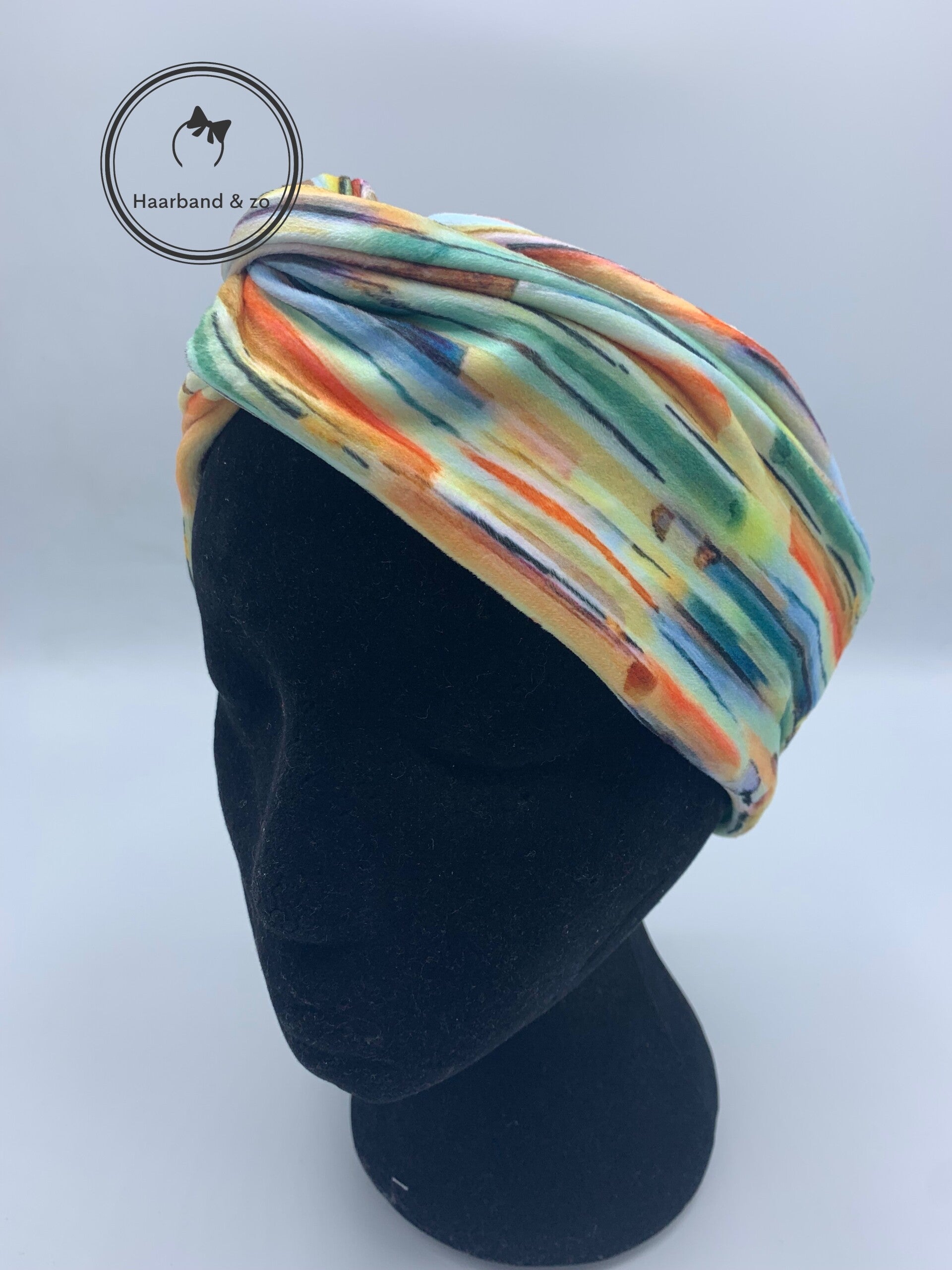 Haarband & zo, Haarband met ijzerdraad in fluweel met veelkleurige digitale print, beige (art.nr. 278-03)