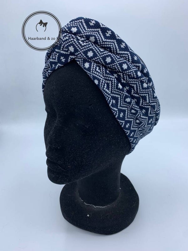 Haarband & zo, Haarband met ijzerdraad van jacquard, donkerblauw met wit patroon (art.nr. 289-01)