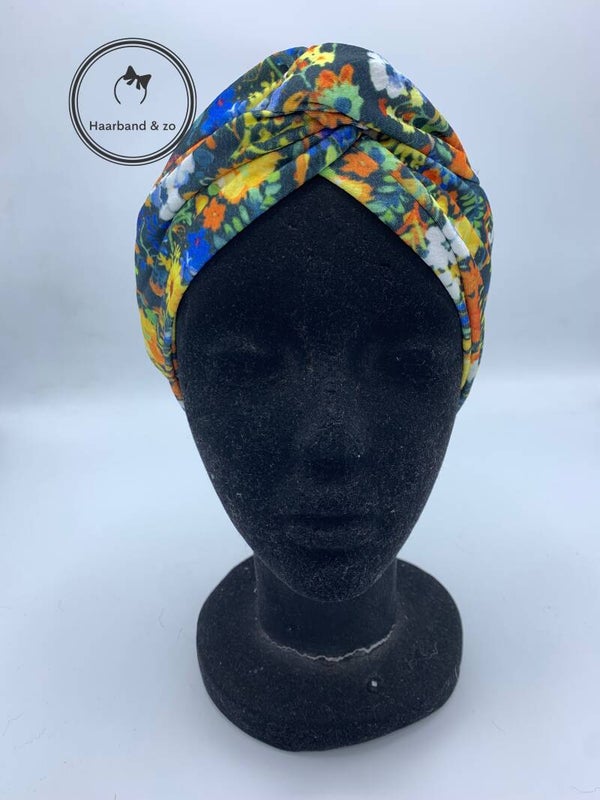 Haarband & zo, haarband met ijzerdraad van jersey bubble, in zwart/geel bloemenpatroon (art.nr 289-03)