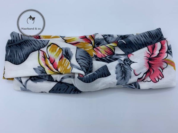 Soepele elastische haarband met twist in tricot, bloemenprint, wit/grijs (art.nr. 58-07)