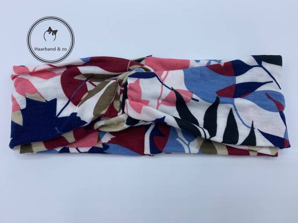 Soepele elastische haarband met twist in tricot, bloemenprint, wit/roze/donkerblauw (art.nr. 58-09)