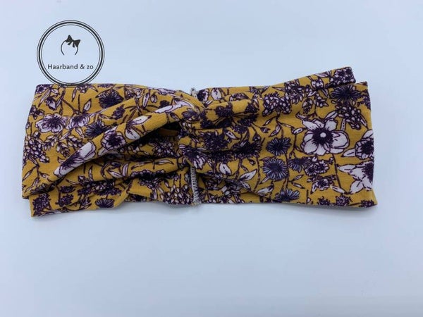 Soepele elastische haarband met twist in tricot, bloemenprint, oker/paars (art.nr. 58-10)