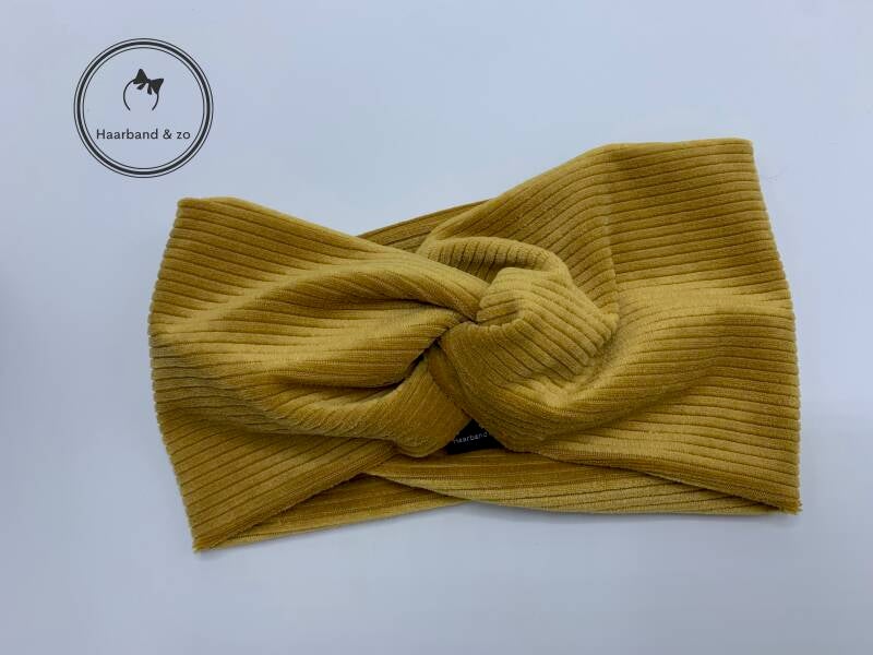 Haarband & zo, Elastische haarband met twist van elastische ribfluweel, okergeel kleine maat (art.nr. 71-06)