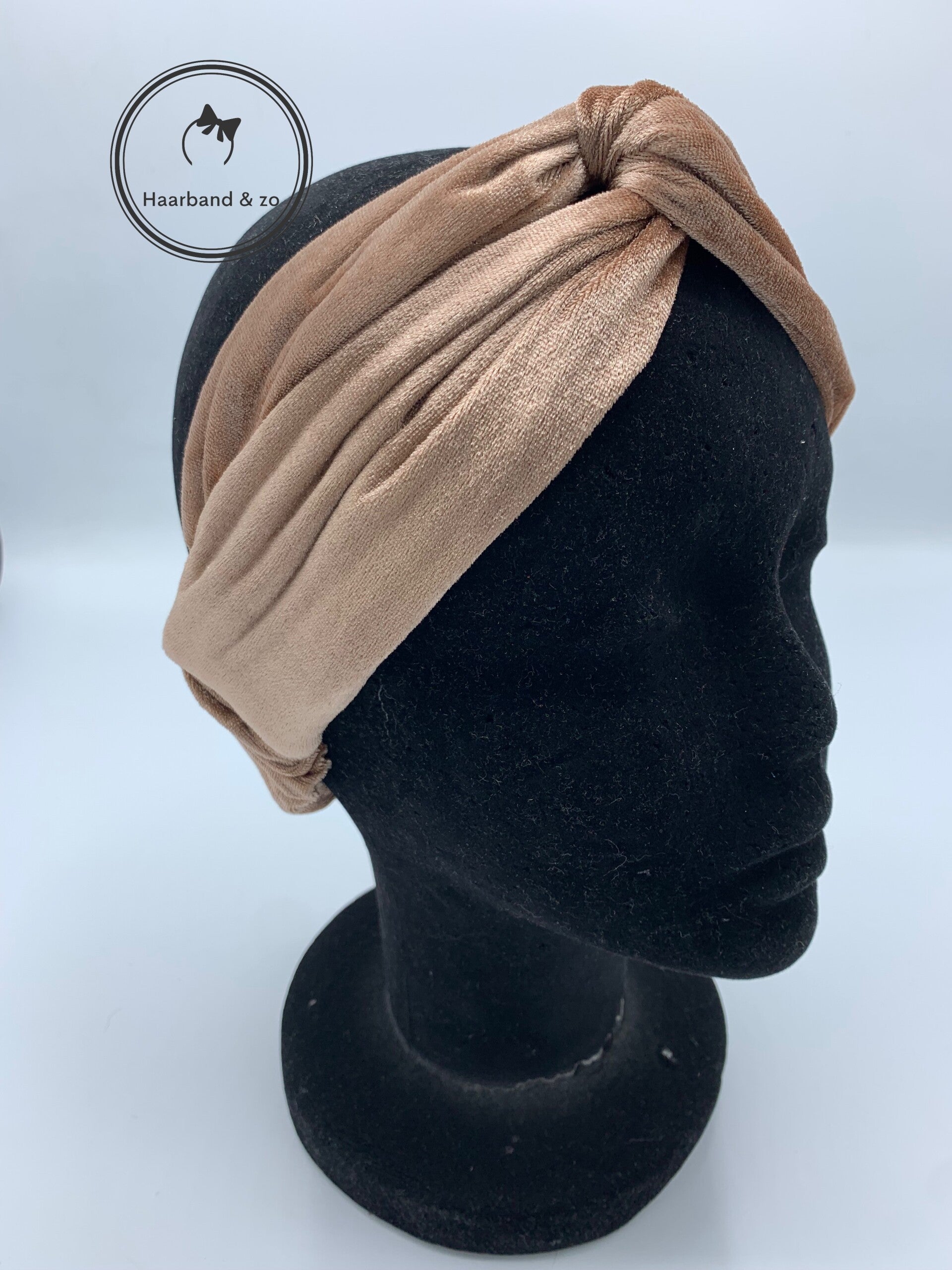 Haarband & zo, Elastische haarband in velours de panne met twist en elastische band, Khaki (art.nr. 78-01)