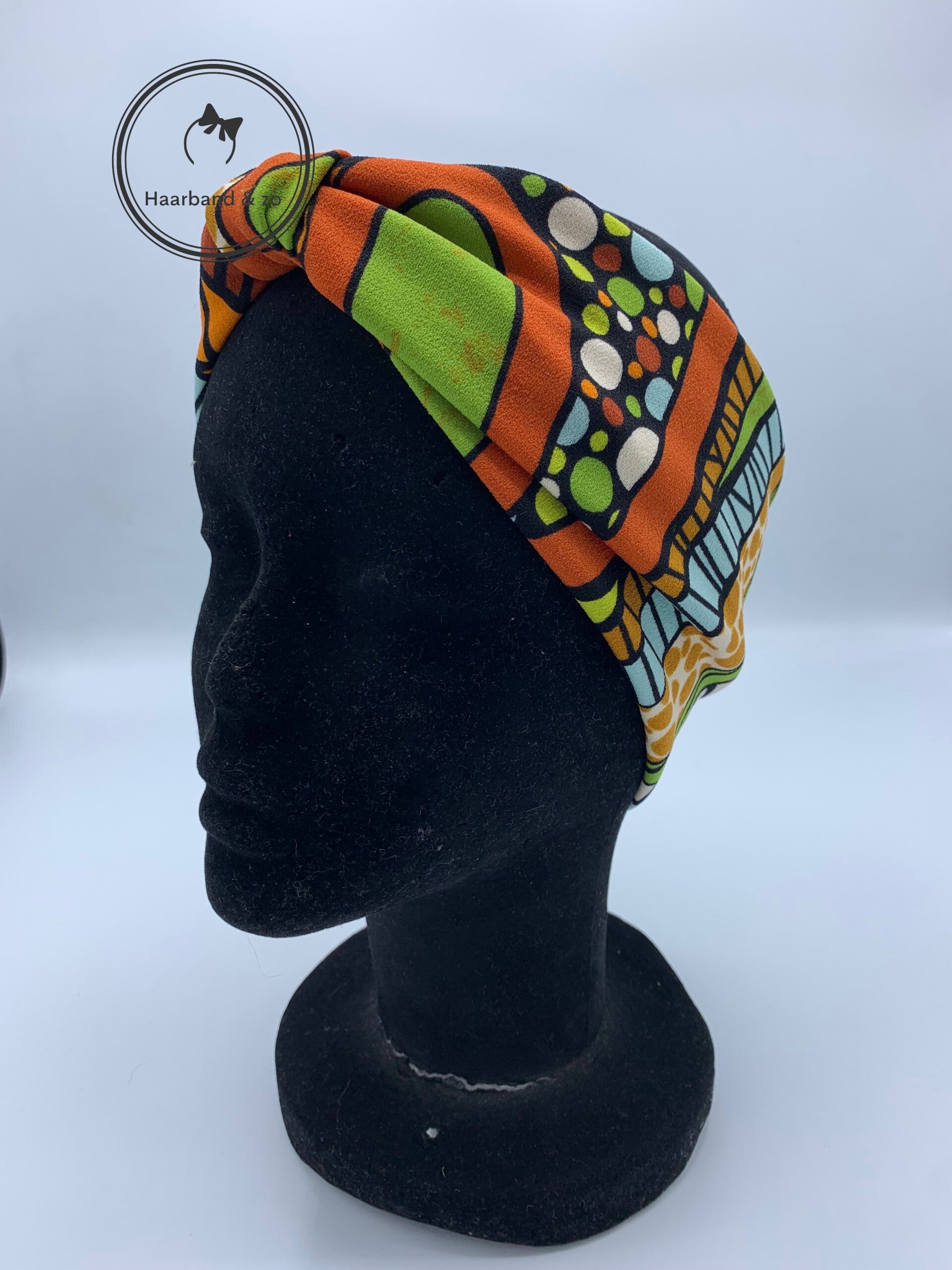 Haarband & zo, elastische haarband met knoopje in veelkleurige print (art.nr. 78-03)