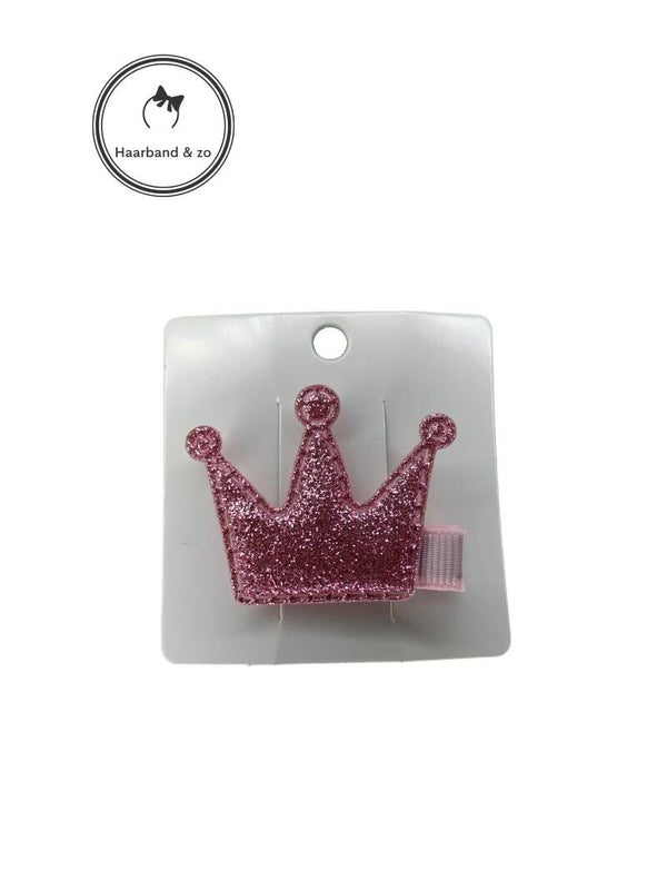 Mini haarspeldje, glitter kroontje, roze, op een roze klemmetje (87-04)