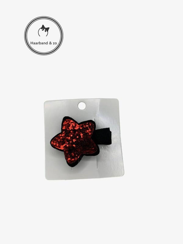Mini haarspeldje met rode glitterster op zwart klemmetje (art.nr 88-02)