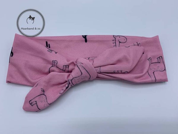 Elastische haarband voor baby's, glanzend, roze met zwarte print (art. 98-01)