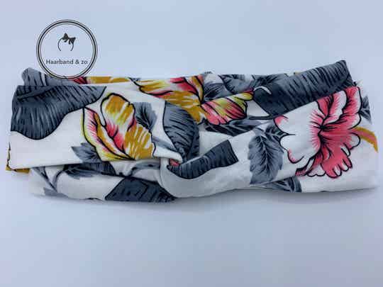 Soepele elastische haarband met twist in tricot, bloemenprint, wit/grijs (art.nr. 58-07)