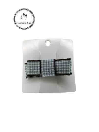 Mini haarspeldje, plat grijs, geruit strikje met bruin randje (86-05)