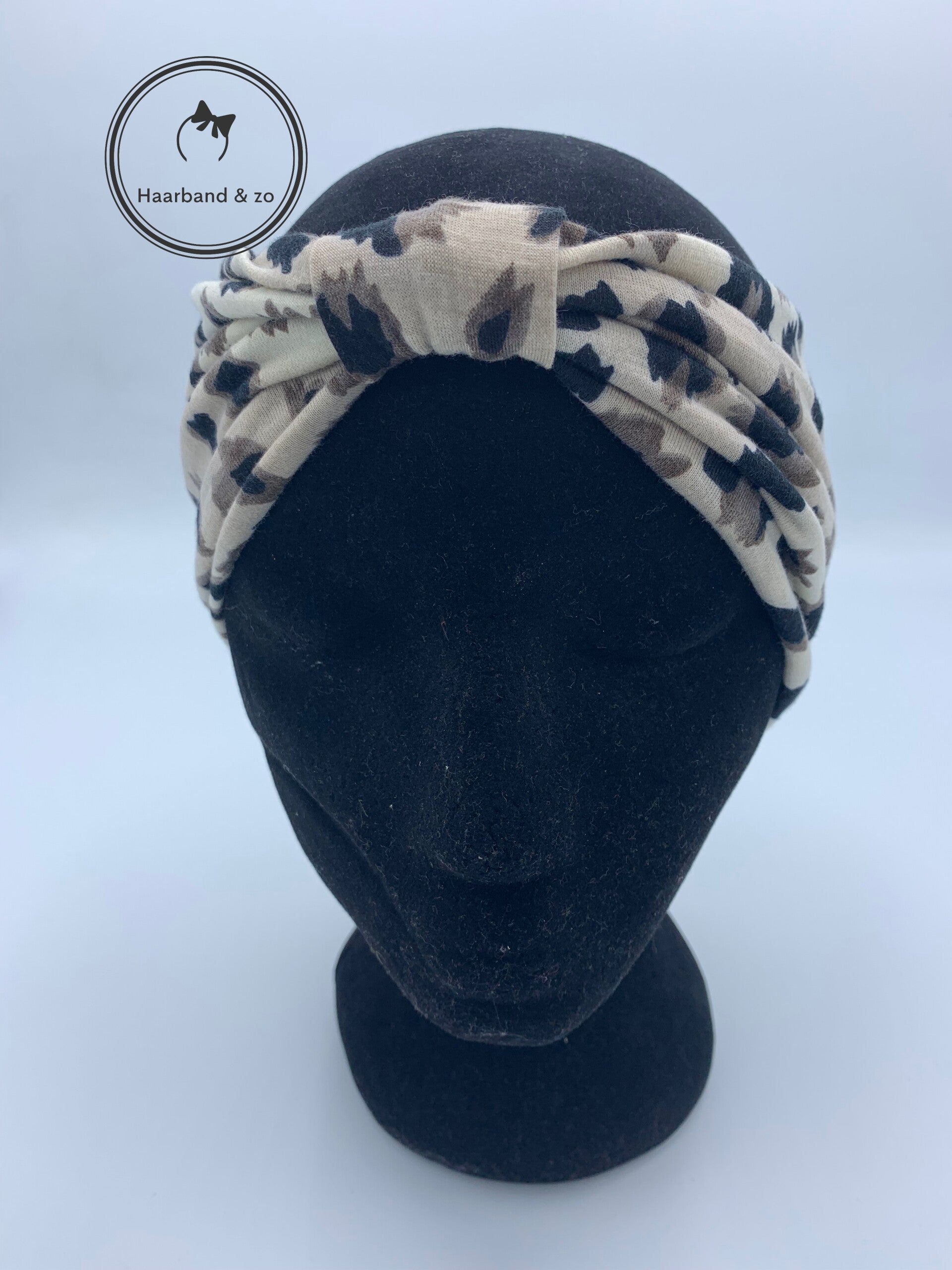 Extra brede elastische haarband met knoop, beige print (art.214-05)