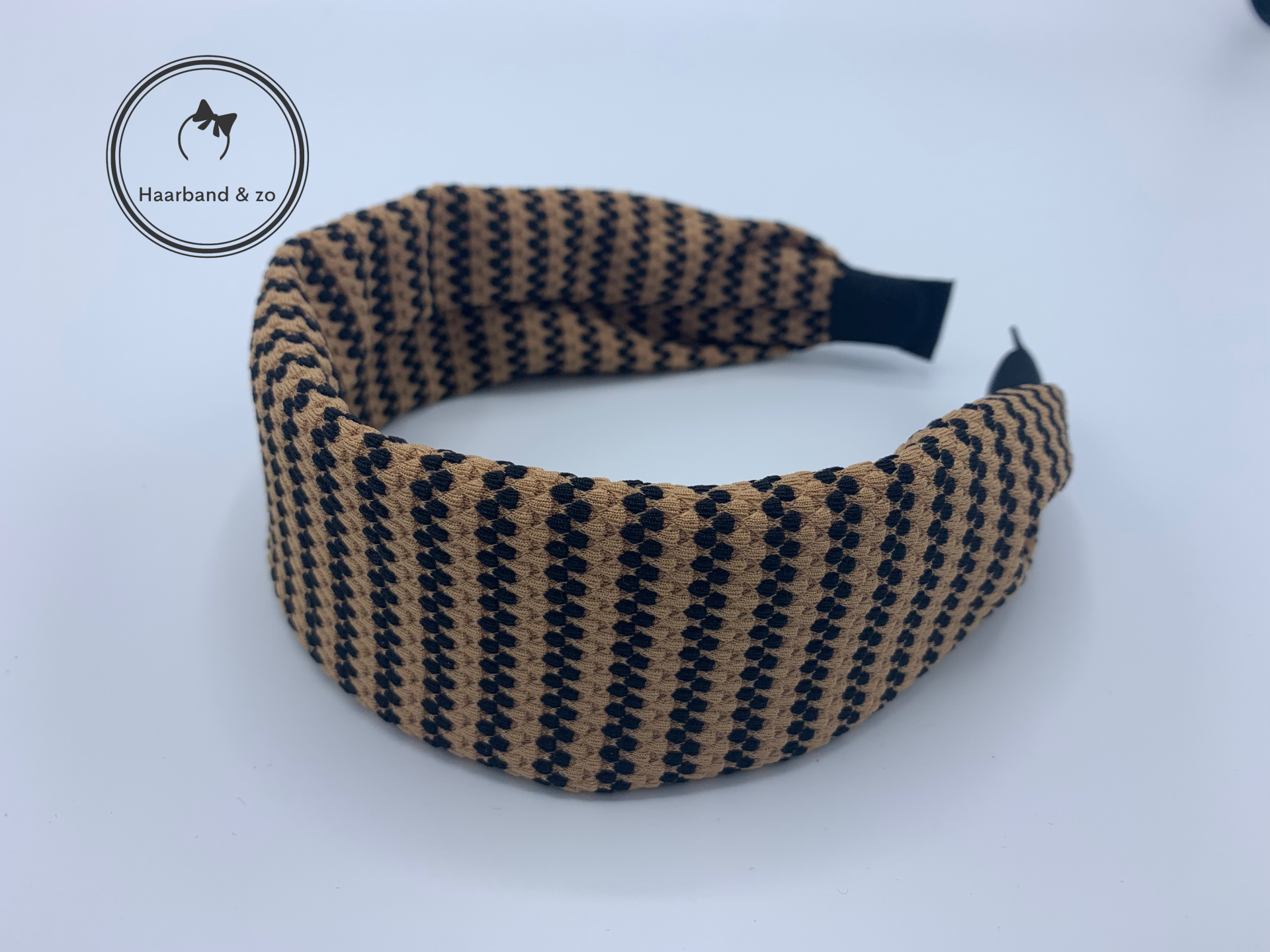 Brede booghaarband zonder knoop of twist in tweet, khaki/zwart (art.nr. 253-03)