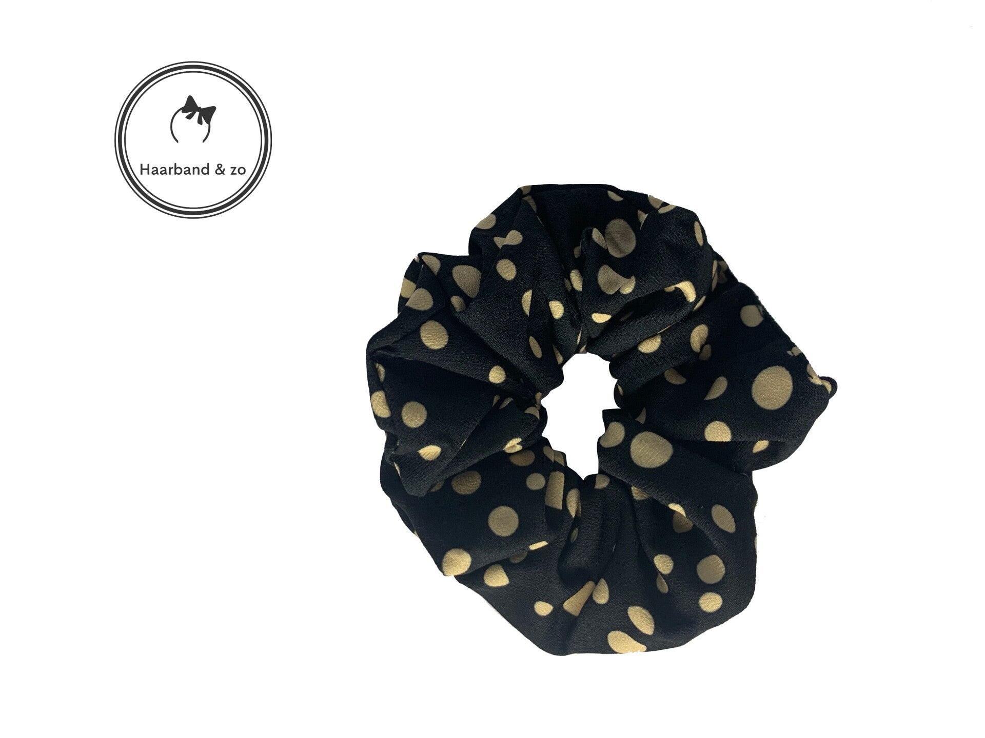 Grote scrunchie met stippen, zwart met crèmekleurige stippen (art.nr. 92-03)