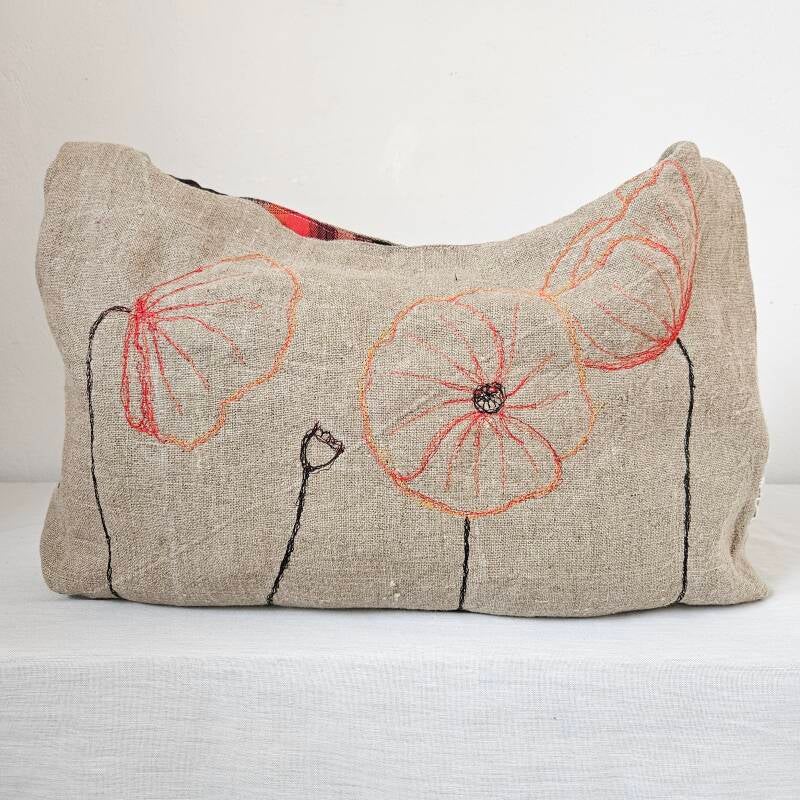 Handmade linen bag with poppy embroidery and red tartan lining. All fabrics are preloved.