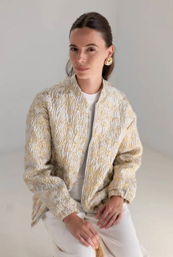 Bomber en brocard à motifs floraux dorés