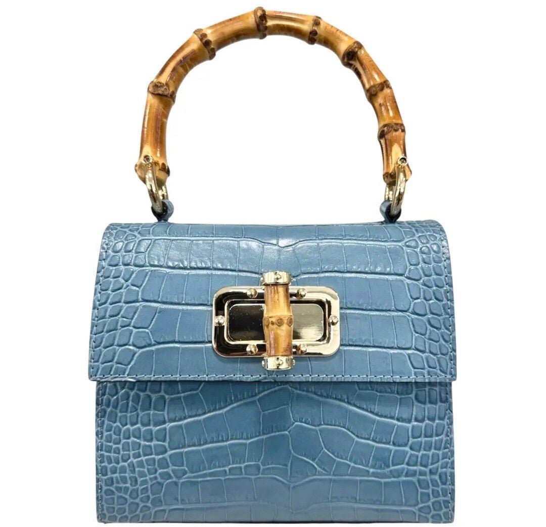 Sac en cuir effet croco avec anse en bambou