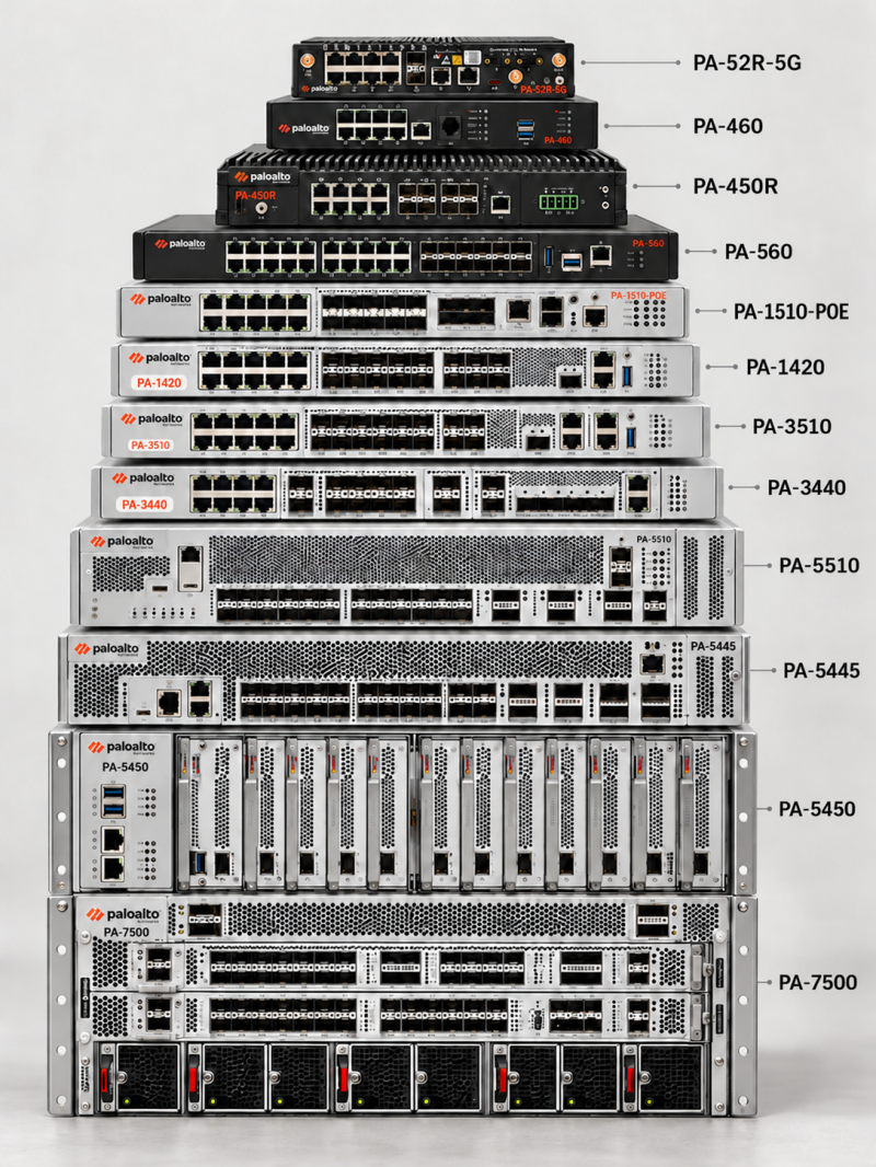 Illustrated stack of twelve Palo Alto Networks firewall platforms, from PA-52R-5G through PA-7500, with model labels.