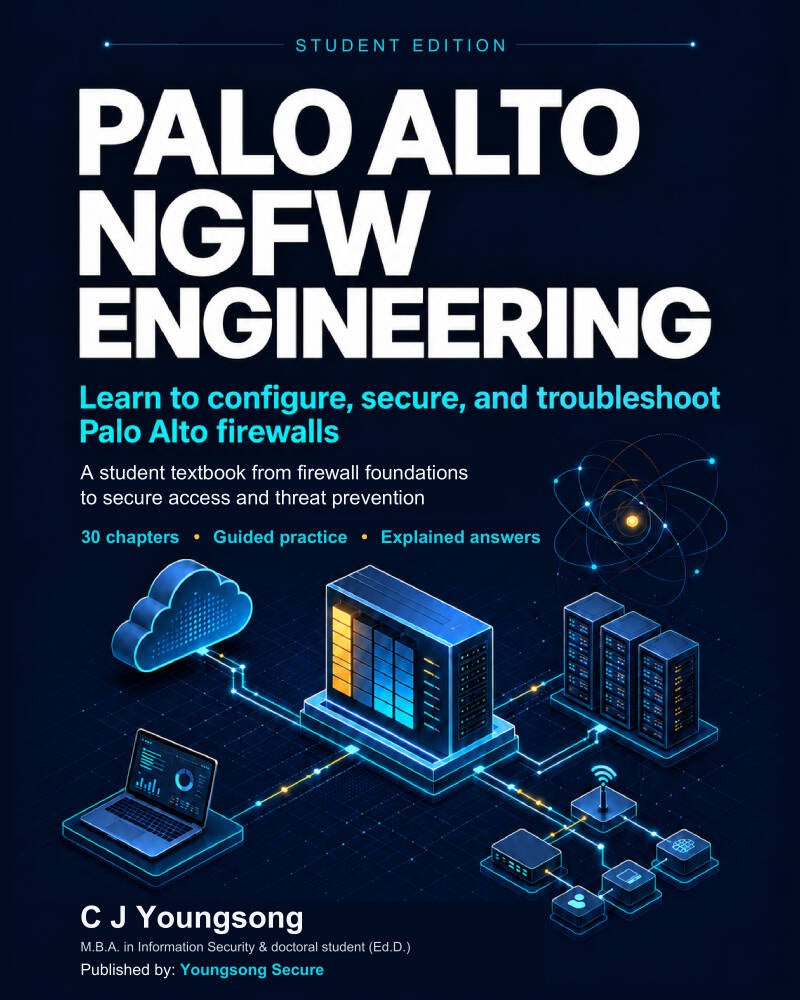 Palo Alto NGFW Engineering, Student Edition textbook cover by C J Youngsong, published by Youngsong Secure.