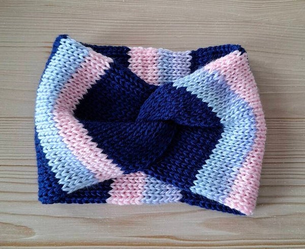 Winterhaarband roze blauw