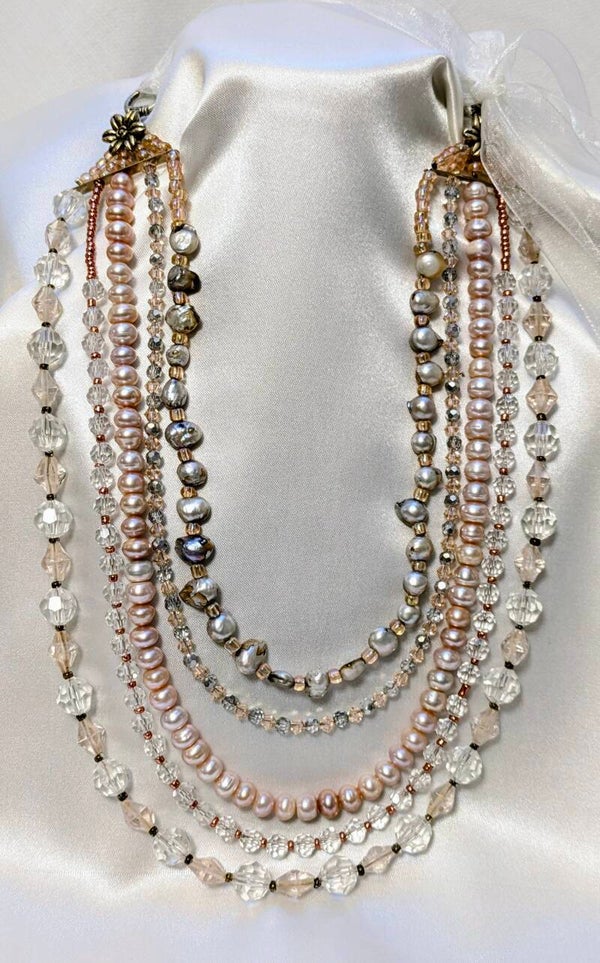 Necklace - Multi Strand Pearl and Crystal