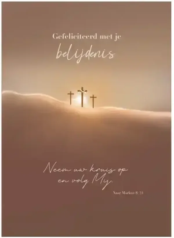 Christelijke belijdeniskaart met de tekst “Neem uw kruis op en volg Mij”. Stijlvolle kaart voor openbare geloofsbelijdenis.
