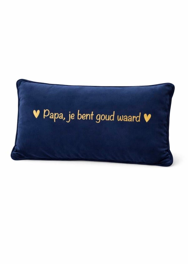 Sierkussen | Vaderdag | “Papa, je bent goud waard” – Donkerblauw & Taupe