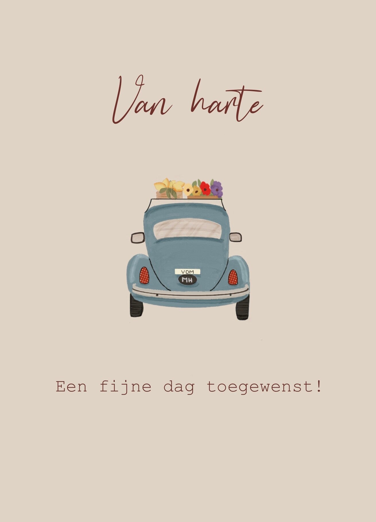 Van harte kaart met vintage auto en bloemen – Een fijne dag toegewenst