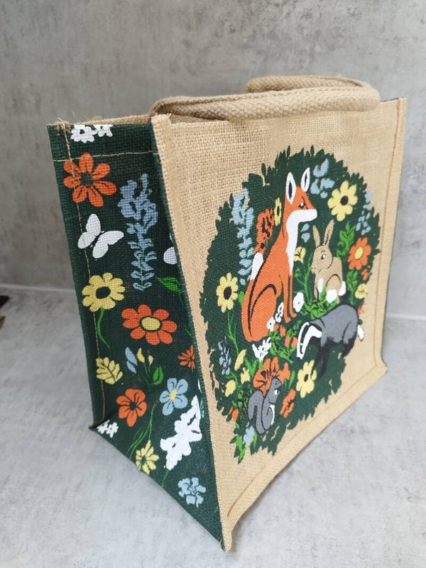 Fairtrade Jute Tas Vos, eekhoorn, bosdieren.