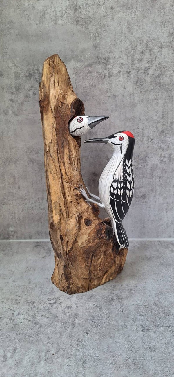 Twee spechten op een houten boomstronk