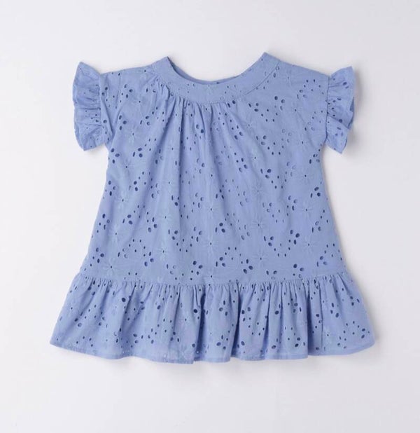 SARABANDA blauw kleedje met broderie afwerking