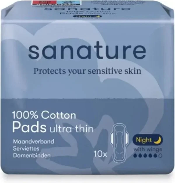 135. Sanature - 100% Katoenen Maandverband Ultra Night met vleugels voor de gevoelige huid