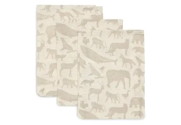 129. Jollein Hydrofiel Washandje 15x20cm Animals - Nougat - 3 Stuks