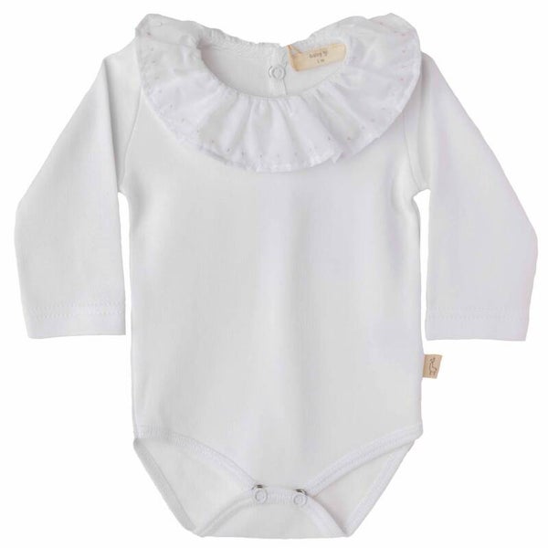 Baby Gi white body with frilly collar pink dots