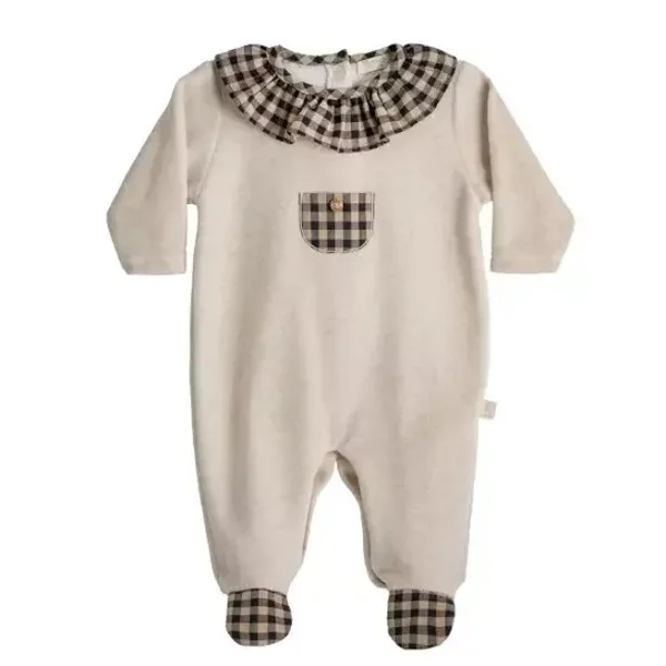 Baby Gi velours boxpakje beige ruitjes frilly collar en pocket