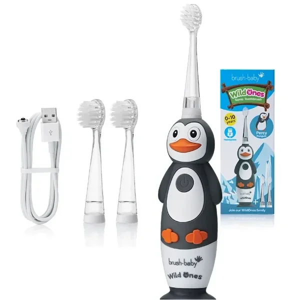 132. Brush-Baby | Electrische Oplaadbare Kindertandenborstel | WildOnes | Percy de Pinguïn | 0 - 10 jaar | 3 opzetborstels | 2 poetsstanden | Timer & Pulse | Disco licht | Zuignapvoet |