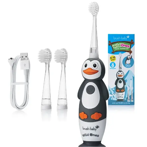 132. Brush-Baby | Electrische Oplaadbare Kindertandenborstel | WildOnes | Percy de Pinguïn | 0 - 10 jaar | 3 opzetborstels | 2 poetsstanden | Timer & Pulse | Disco licht | Zuignapvoet |