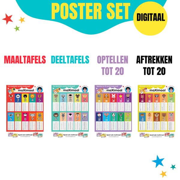 POSTER SET compleet! | Maaltafels, Deeltafels, Optellen tot 20, Aftrekken tot 20 | Digitale download!