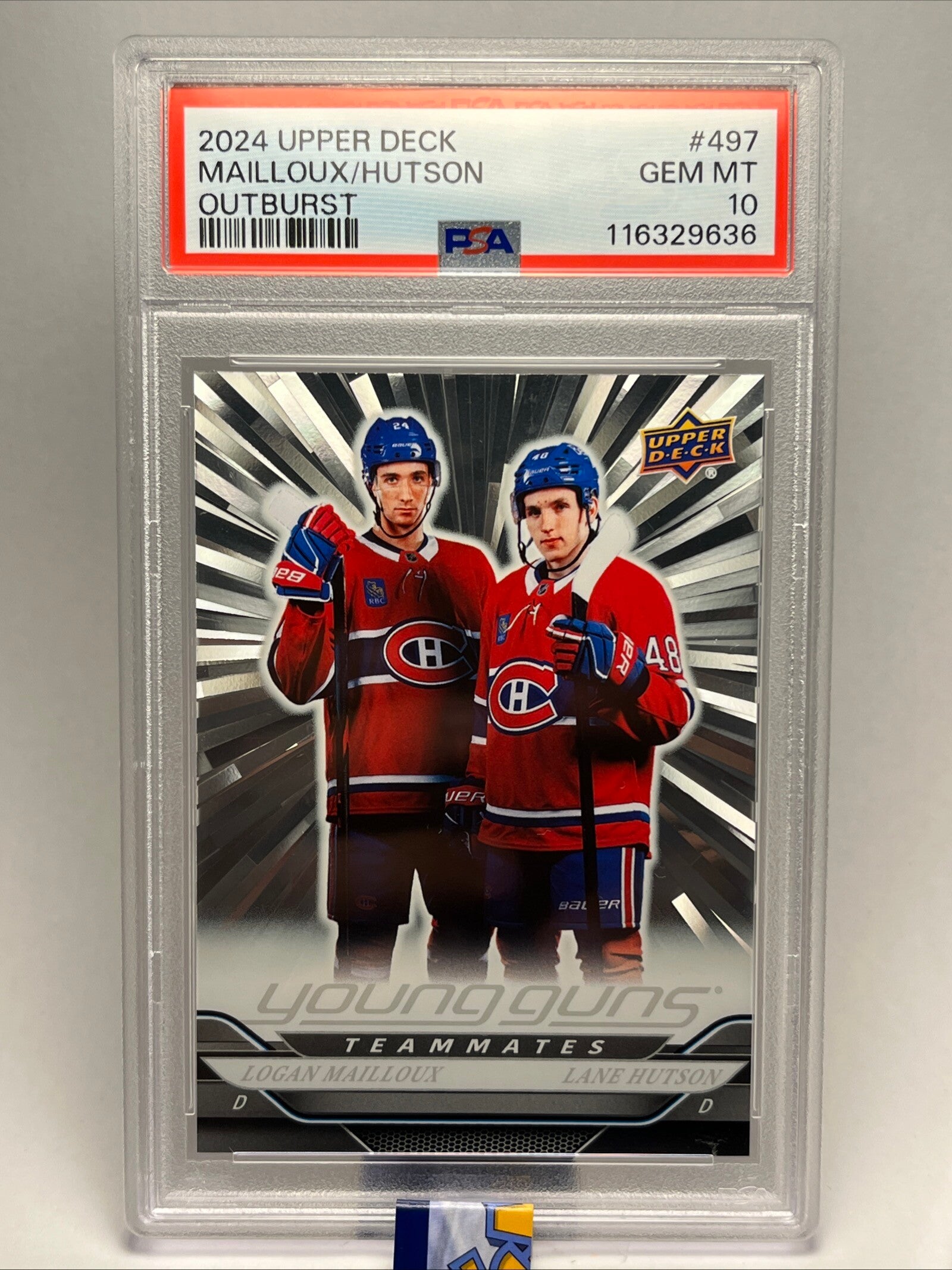 24-25 Upper Deck Hockey Mailloux/Hutson Young Guns Teammates Outburst PSA 10